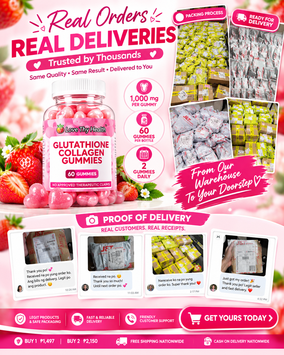 Glutathione Collagen Gummies 1,000mg | Strawberry Flavor | 60 Gummies | Beauty & Wellness Daily Supplement
