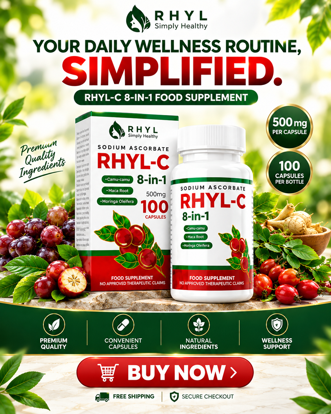 RHYL-C 8-in-1 Vitamin C 500mg | Sodium Ascorbate with Moringa, Camu-Camu, Zinc & Collagen – 100 Capsules