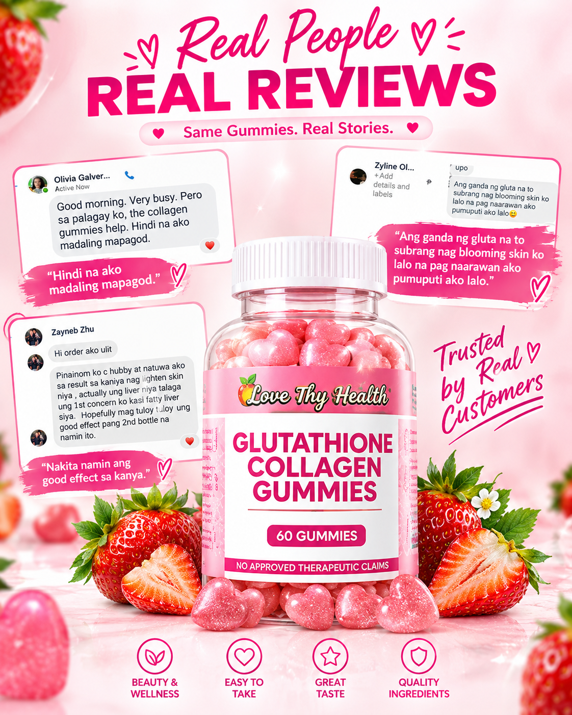 Glutathione Collagen Gummies 1,000mg | Strawberry Flavor | 60 Gummies | Beauty & Wellness Daily Supplement