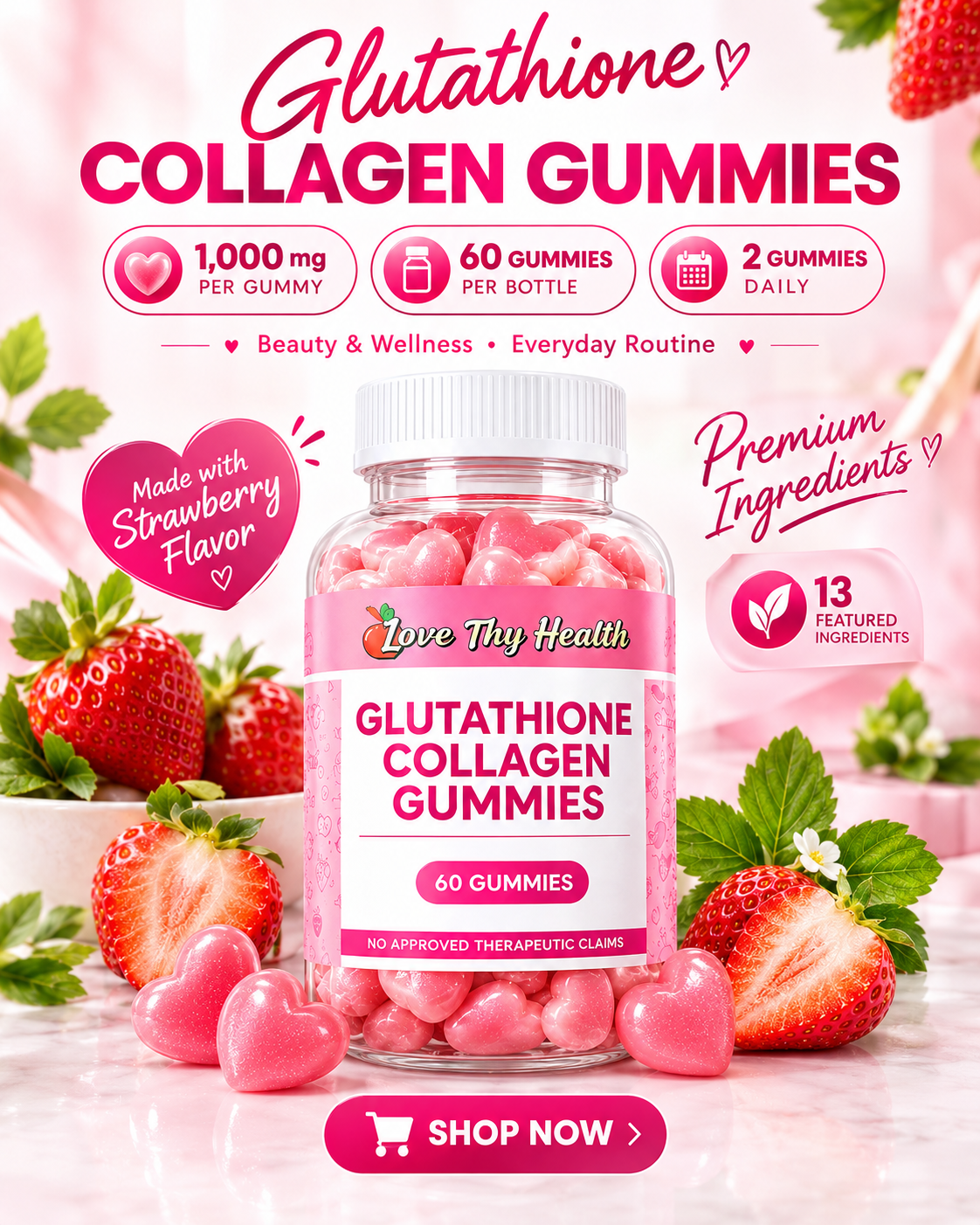 Glutathione Collagen Gummies 1,000mg | Strawberry Flavor | 60 Gummies | Beauty & Wellness Daily Supplement