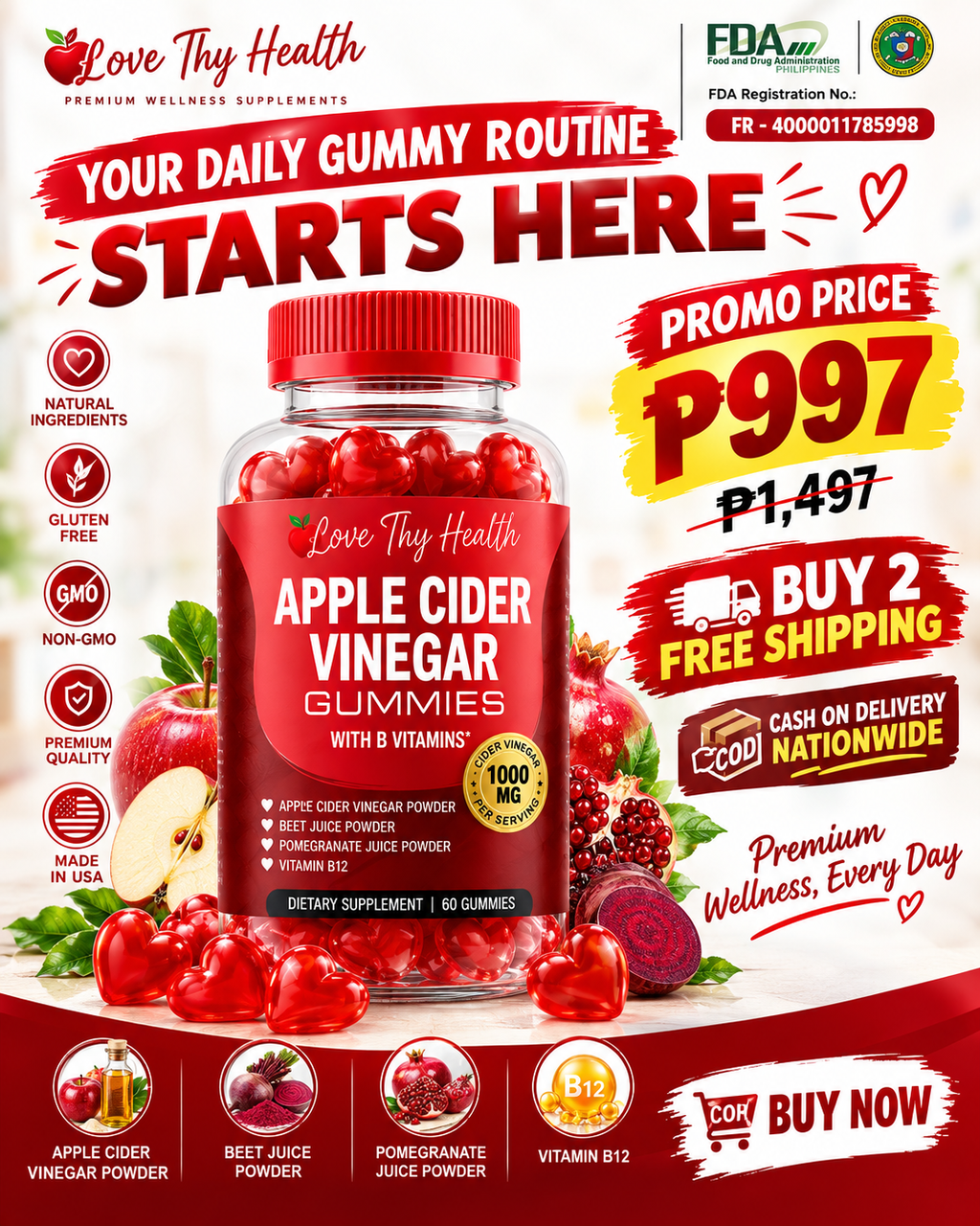 Apple Cider Vinegar Gummies with Vitamin B12 | 1000mg ACV Gummies | 60 Gummies