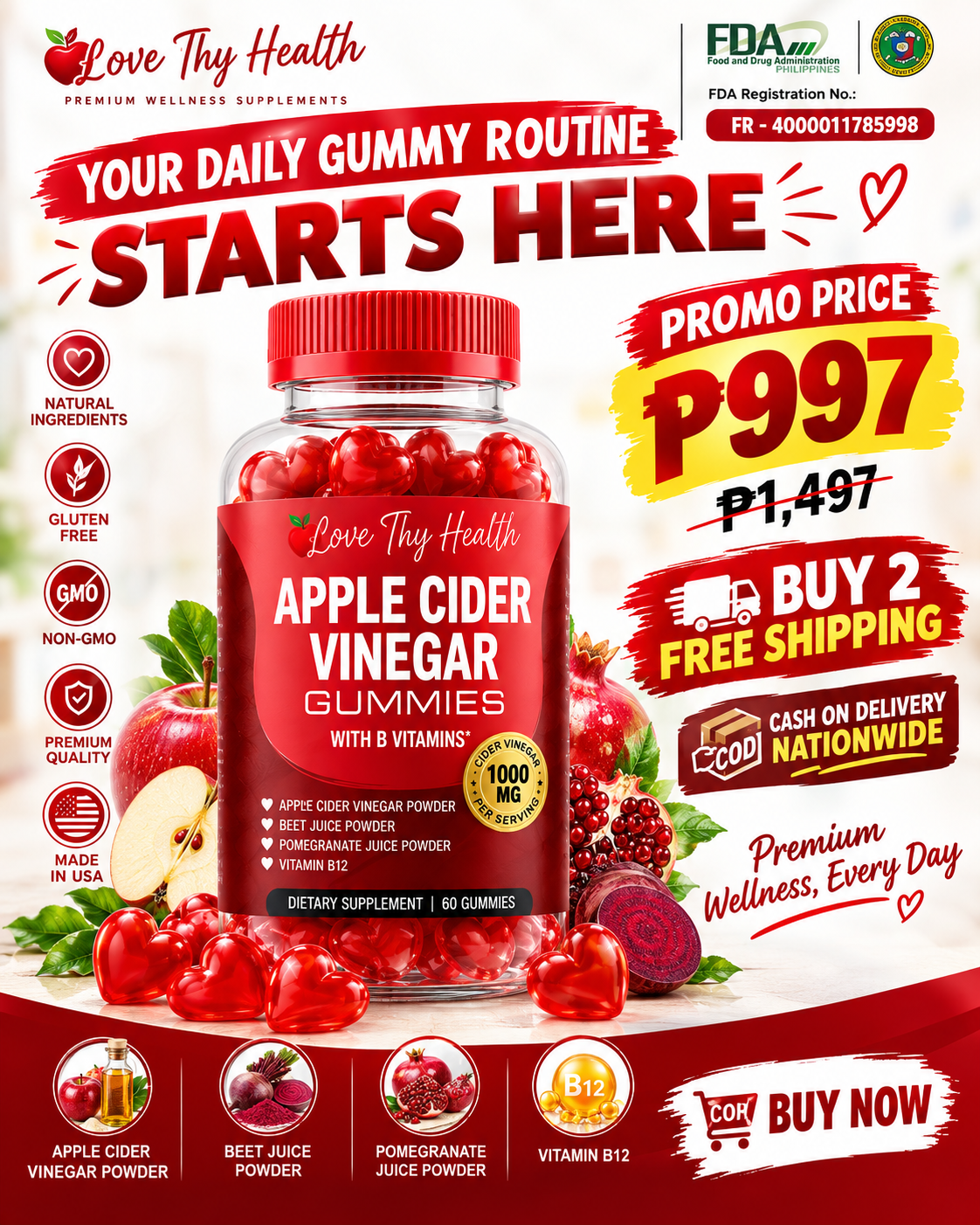 Apple Cider Vinegar Gummies with Vitamin B12 | 1000mg ACV Gummies | 60 Gummies