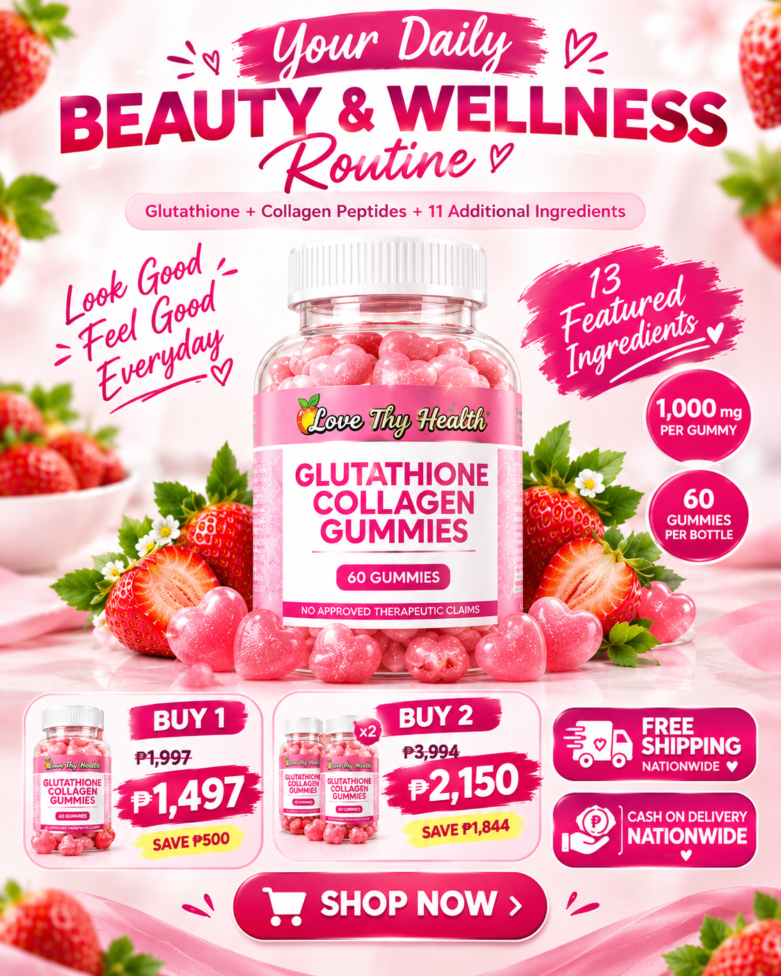 Glutathione Collagen Gummies 1,000mg | Strawberry Flavor | 60 Gummies | Beauty & Wellness Daily Supplement