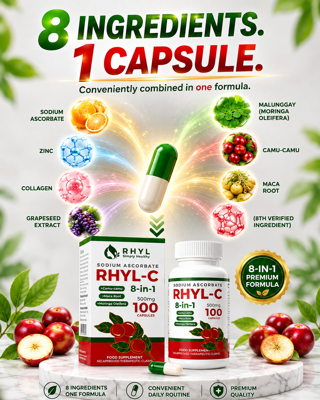 RHYL-C 8-in-1 Vitamin C 500mg | Sodium Ascorbate with Moringa, Camu-Camu, Zinc & Collagen – 100 Capsules