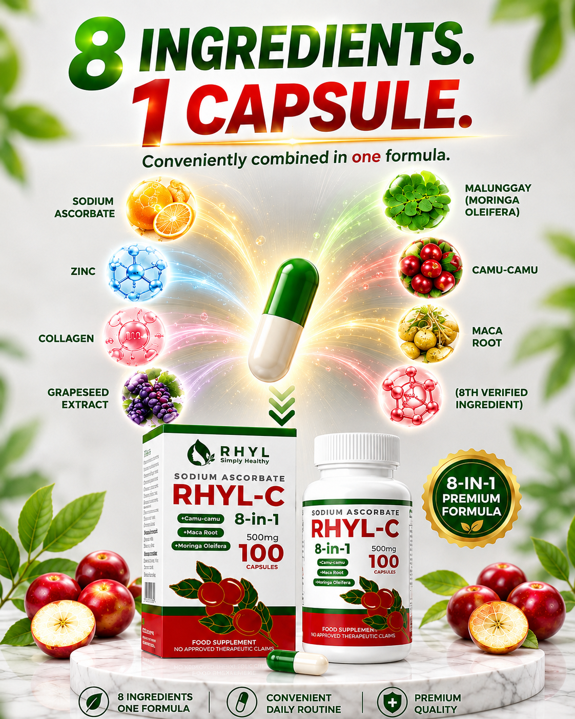 RHYL-C 8-in-1 Vitamin C 500mg | Sodium Ascorbate with Moringa, Camu-Camu, Zinc & Collagen – 100 Capsules