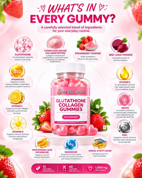 Glutathione Collagen Gummies 1,000mg | Strawberry Flavor | 60 Gummies | Beauty & Wellness Daily Supplement