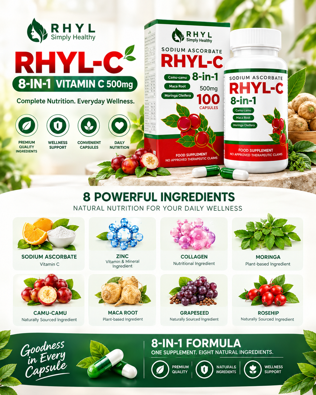 RHYL-C 8-in-1 Vitamin C 500mg | Sodium Ascorbate with Moringa, Camu-Camu, Zinc & Collagen – 100 Capsules