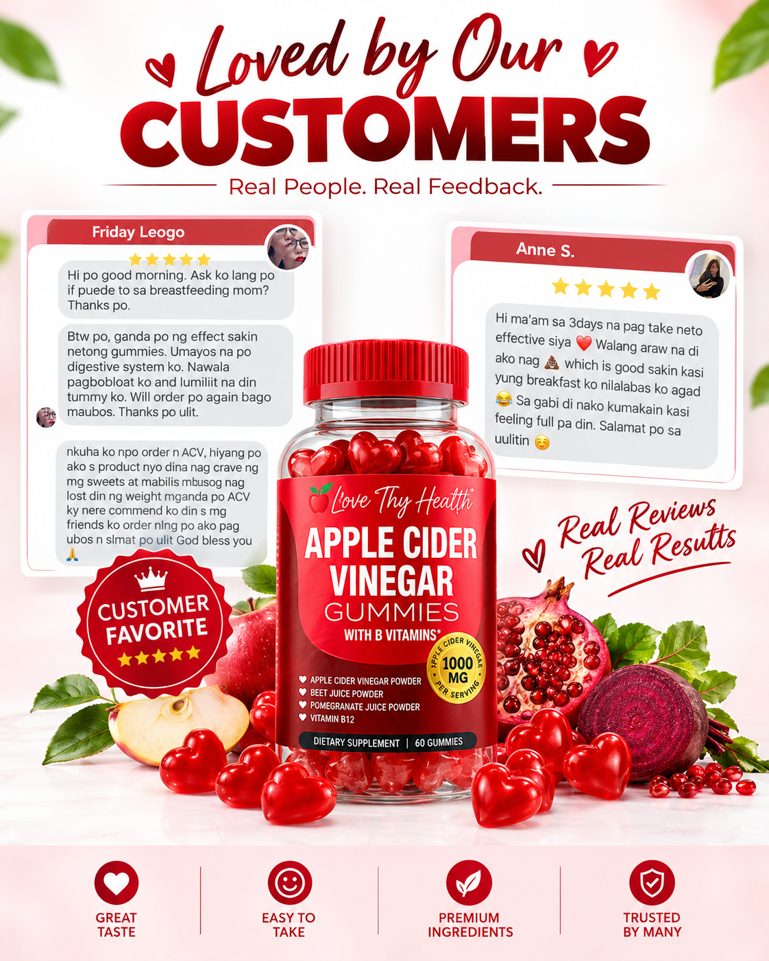 Apple Cider Vinegar Gummies with Vitamin B12 | 1000mg ACV Gummies | 60 Gummies