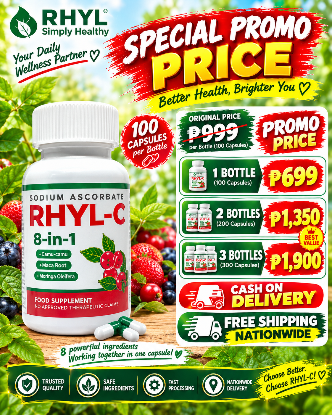 RHYL-C 8-in-1 Vitamin C 500mg | Sodium Ascorbate with Moringa, Camu-Camu, Zinc & Collagen – 100 Capsules